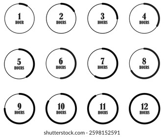  Hours timer from 1 to 12 icons set. Set of timer. Countdown. Circular Hourly Progress Timer Set from 1 to 12 Hours in Minimalist Black and White Design for Time Management and Scheduling. watch. time