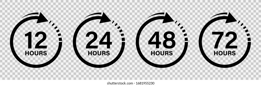 Hours work 12, 24, 48 and 72 clock with arrow, effect of work time. Isolated background, vector