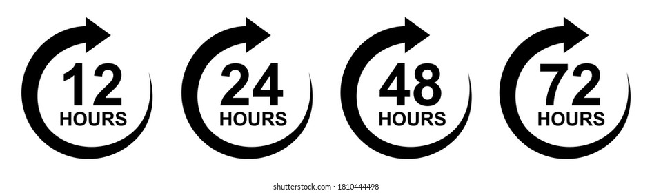 Hours work 12, 24, 48, 72 clock with arrow, work time isolated - stock vector