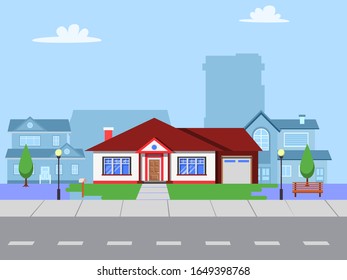 hous along the street. House in flat design style. Street of large suburban homes. Colorful residential hous. Home, building, house exterior, family house, modern house