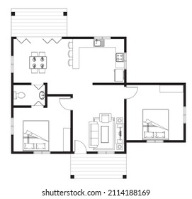 House with 2 bedroom layout plan. Complete with kitchen, bathroom, living room and dining area. 2D CAD drawings in black and white.