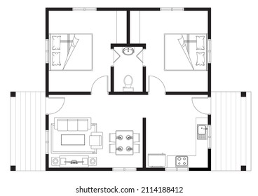 House with 2 bedroom layout plan. Complete with kitchen, bathroom, living room and dining area. 2D CAD drawings in black and white.