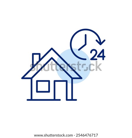 House and 24 hour clock. Round the clock home services. Real estate, temporary lodging, or assistance programs, accessible at any time of day or night. Pixel perfect, editable stroke icon.