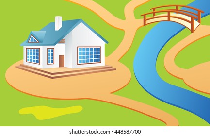 House (3) on green field, near the river
