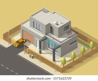 House 3d isometric design with building of town or village home. Vector icon of two storey villa or cottage exterior with green garden trees, lawn and car garage, street road, flat roof, modern facade