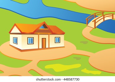 House (5) on green field, near the river
