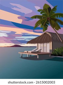 House above the beach with sunset. Visible hills from a distance. Design Vector