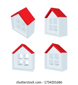 Casa. Resumen conjunto de ilustraciones vectoriales isométricas del hogar. Icono de construcción con paredes blancas, ventana y techo rojo. 