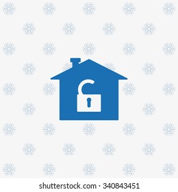 House, access is open, unlocked. icon. vector design  background with snowflakes