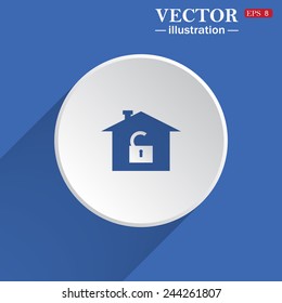 House, access is open, unlocked, white circle on a blue background with shadow. Vector illustration, EPS 8