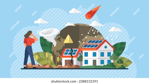 House after climate catastrophe. Meteorite. Modern alternative eco green energy. Destroyed and broken solar panels after a hurricane and a natural disaster. Home after the tornado. Change climate