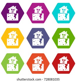 House after an earthquake icon set many color hexahedron isolated on white vector illustration