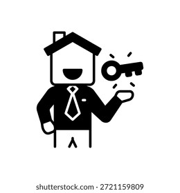 Agente de la casa con el icono clave Estilo de relleno negro Fondo blanco aislado