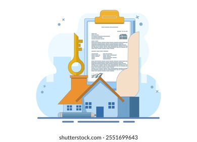 house agreement concept in real estate agency. beautiful house with application form, form. Real estate agent buy house real estate contract. Vector flat graphic design illustration.