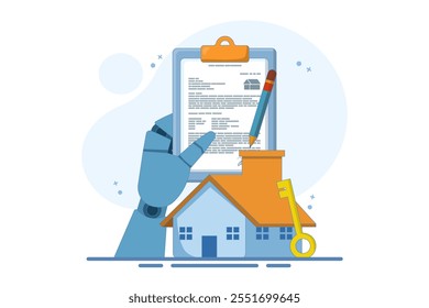 house agreement concept in real estate agency. beautiful house with application form, form. Real estate agent buy house real estate contract. Vector flat graphic design illustration.