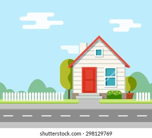 A house along the road. Part of the rural landscape. Vector illustration in flat style.