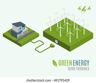 House with alternative Eco Green Energy, flat 3d web isometric infographic concept. Wind Turbines set. Vector illustration