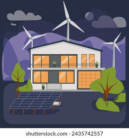 House with alternative electricity production using a wind generator, wind turbines and solar panels. Ecological power generation and smart house concept.