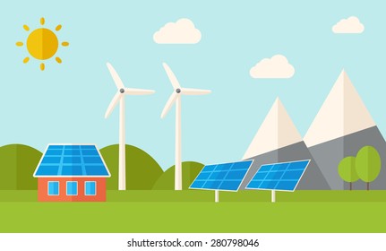 A house with alternative energy consumption, solar panel and wind mills. A Contemporary style with pastel palette, soft blue tinted background with desaturated clouds. Vector flat design illustration