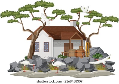 A house with American white ibis group illustration