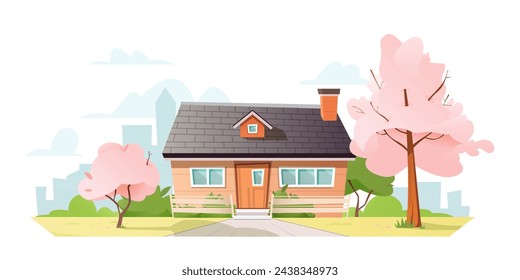 Сozy house amidst the pink flowering cherry trees. Green lawn surrounds the house. Сity buildings under sky with clouds in the background. Spring atmosphere.  Flat cartoon style. Vector illustration