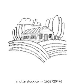 House among the fields. Countryside landscape, field house, trees.