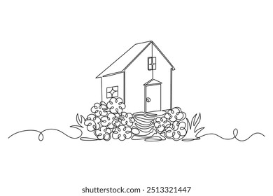 Casa entre flores, desenho contínuo em uma linha no minimalismo. Vida no campo. Contorno vetorial editável