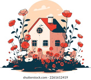 House among huge red flowers. House of your dreams..