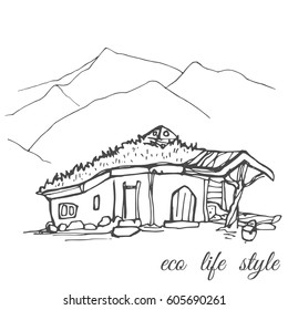 House among nature with grass on the roof in the style of the sketch/Image of linear house for use in design, web site, packing, textile, fabric
