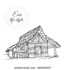 House among nature with thatched roof in the style of the sketch/Image of linear house for use in design, web site, packing, textile, fabric
