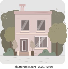 house among trees, 2 floors, flat illustration, can be used for postcards, posters, design work