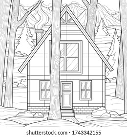 
House among the trees. Mountains on the background.Coloring book antistress for children and adults. Illustration isolated on white background.Zen-tangle style.