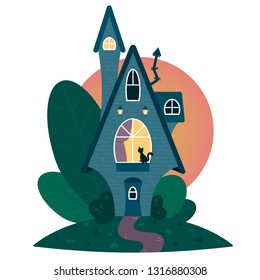 The house among the trees on the background of a large moon where the black cat lives