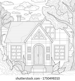 House among the trees
and plants. Nature.Coloring book antistress for children and adults. Illustration isolated on white background.Zen-tangle style.Black and white drawing.
