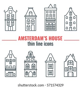 House of Amsterdam thin line icons set. Vector Illustration set of building Amsterdam outline for design, website, background, card. Travel Holland Landmark silhouette Element for Tourism Flier.