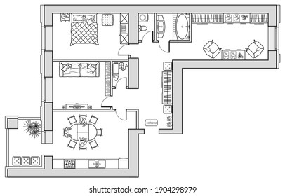 House or apartment  architectural sketch. Drawing of building. Set of furniture icons for floor plan and interior design all  residential rooms. Vector