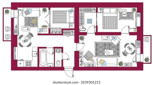 House or apartment architectural sketch. Drawing of building. Set of furniture icons for floor plan and interior design all residential rooms. Vector