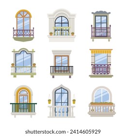 House and apartment building balconies set collection, Apartment terrace with windows and plants,  elements for construction,Isolated cartoon set icon balcony, balcony door or window.