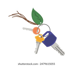 House apartment door keys with creative leather pendant in shape of green leaf isolated on white