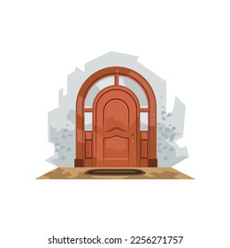 House or apartment entrance, stone wall with mat, around wooden door isolated on white background. Porch flat vector illustration. Exterior design concept