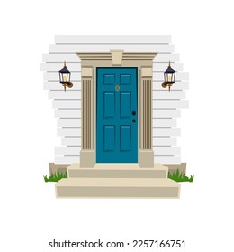 House or apartment entrance, wall with lamps and steps around wooden door isolated on white background. Porch flat vector illustration. Exterior design concept