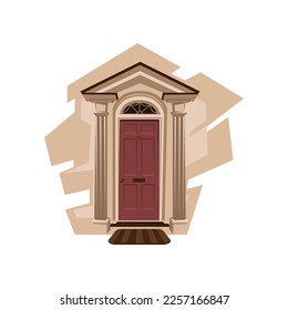 House or apartment entrance, wall with mat, pillars and casement window at wooden door isolated on white background. Porch flat vector illustration. Exterior design concept