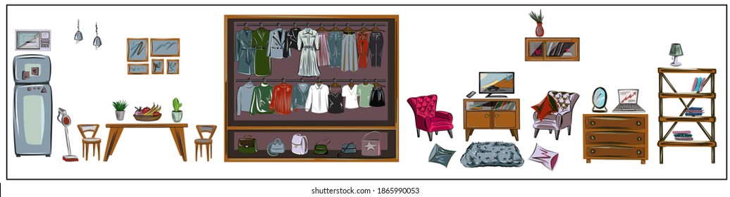 House or apartment interior. A set of furniture, paintings, appliances, a wardrobe with clothes and bags. Refrigerator, microwave oven, tables, chairs, laptop, books, chest of drawers, wardrobe. 