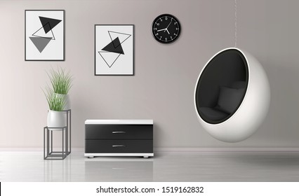 House, apartment living room modern interior template. White egg chair, hanging on metal chain from ceiling, commode, paintings frames on wall, flowerpots on stand 3d realistic vector illustration