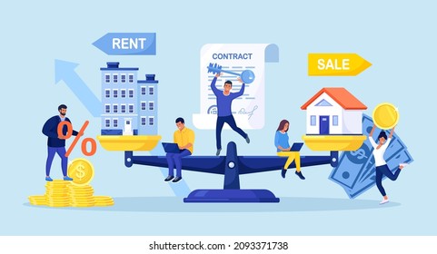 House and apartment on scales. People choosing between rent and sell property. Sale or rent apartment, buying house. Mortgage loan, real estate investment. Choice between selling and tenancy home