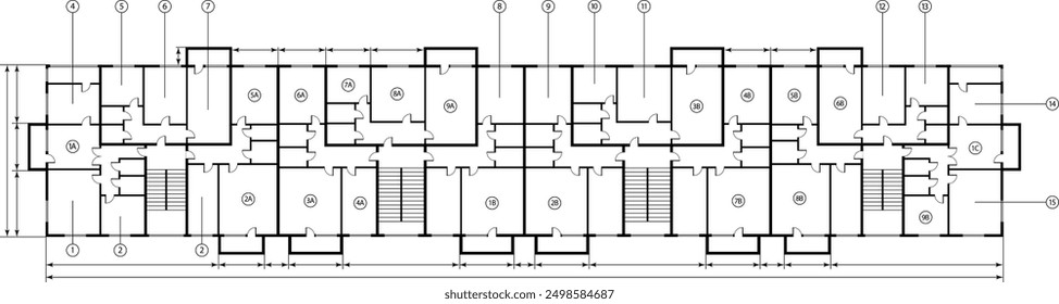 House and apartments architectural project, blueprint. Engineering design of floor plan and apartment layout. Vector illustration in technical drawing style.