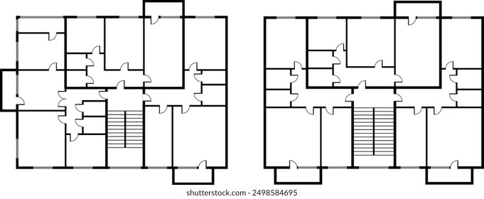 House and apartments architectural project, blueprint. Engineering design of floor plan and apartment layout. Vector illustration in technical drawing style.