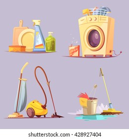 House apartments cleaning janitor services cartoon retro style 4 icons set with washing machine abstract vector illustration 