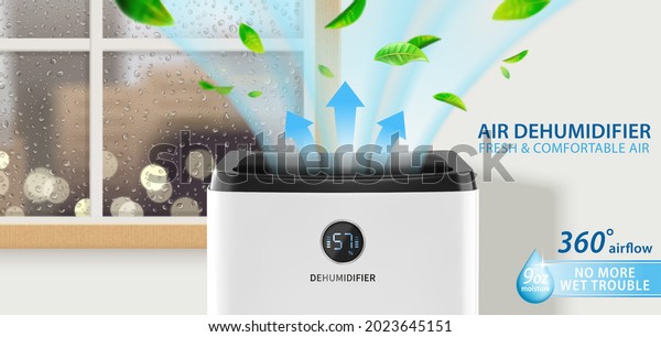 House appliance ad banner design for 3d\
dehumidifier or air purifier. Powerful air flows purifying home\
environment during rainy\
days.