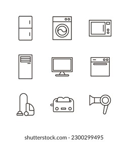 House appliances flat line icon set. Simple and minimal style concept. Refrigerator, washing machine, microwave, air conditioner, TV, monitor, oven, vacuum cleaner, oven, dryer.